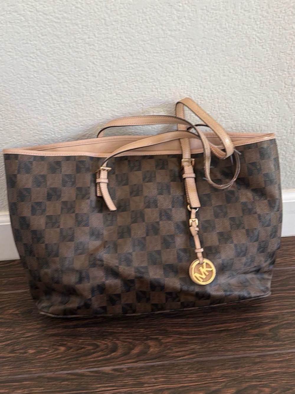 Michael Kors Brown Checkered Tote with Beige Trim and Gold MK Charm